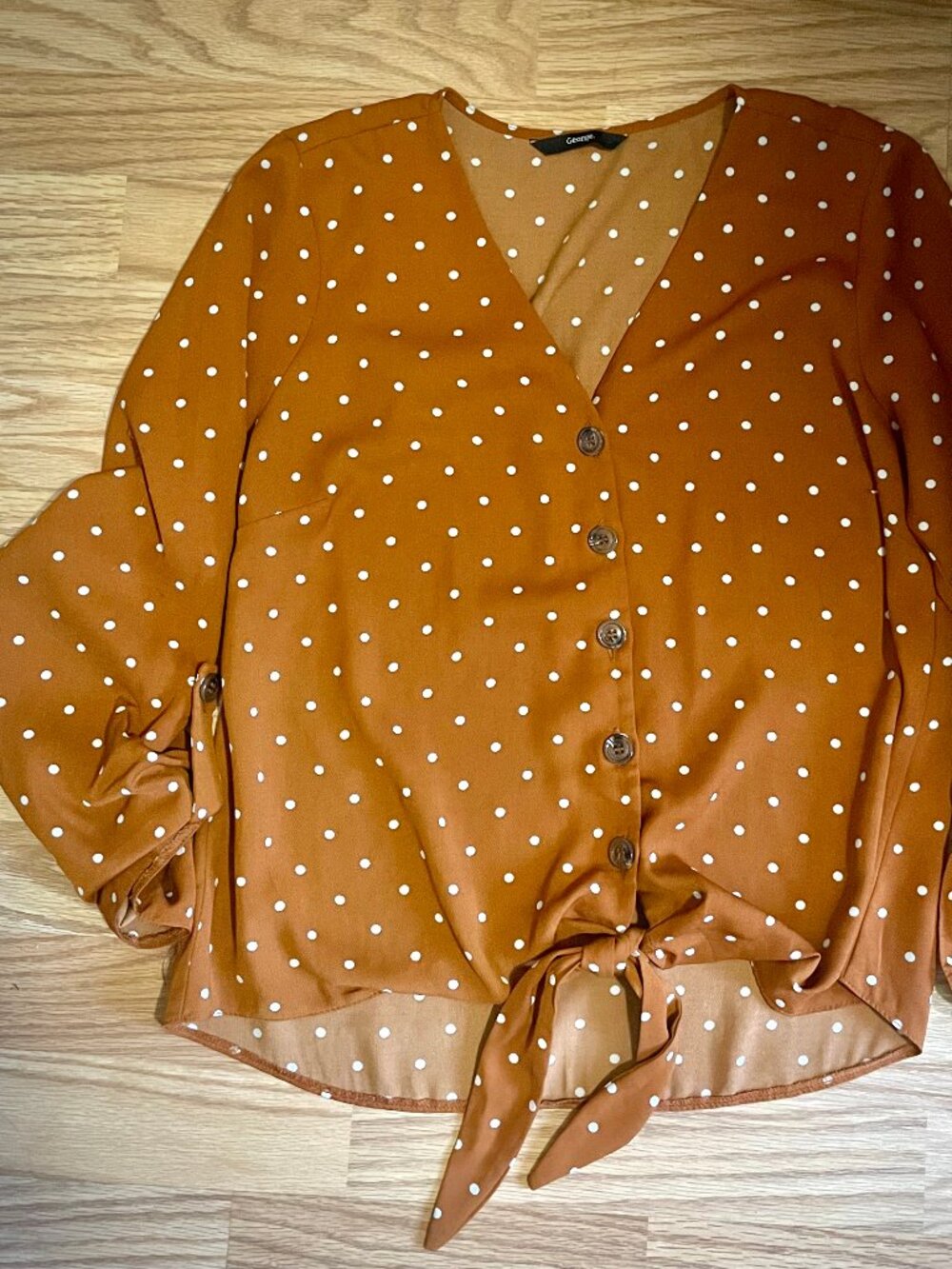 George Burnt Orange Polka Dot Tie-Front Blouse – Size 8